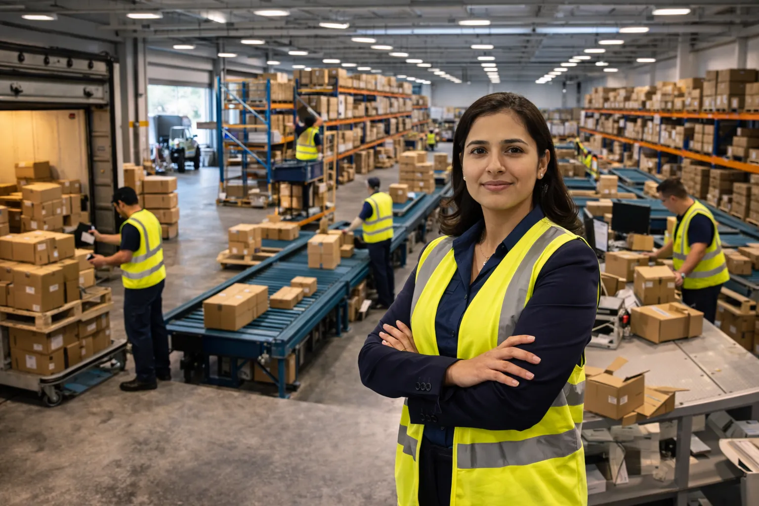 6 stages of order fulfilment process showing receiving picking packing shipping and returns in a professional warehouse