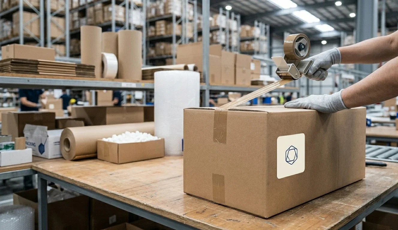 Branded ecommerce shipping box being sealed on warehouse packing table for blind shipment