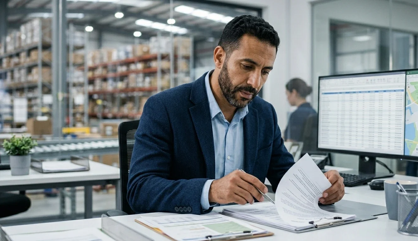 Logistics manager reviewing blind shipping bill of lading documents at professional office desk