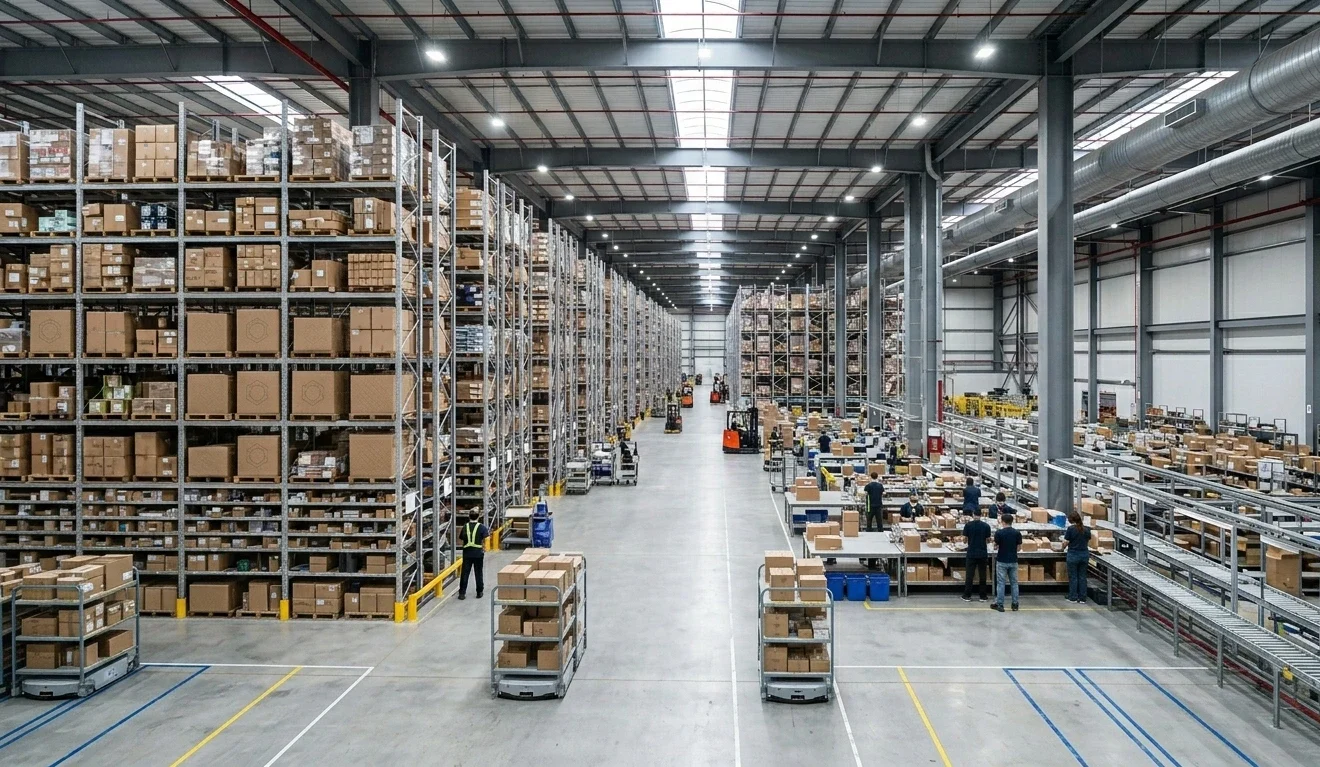 Modern 3PL fulfillment warehouse with organised branded packaging replacing blind shipping complexity