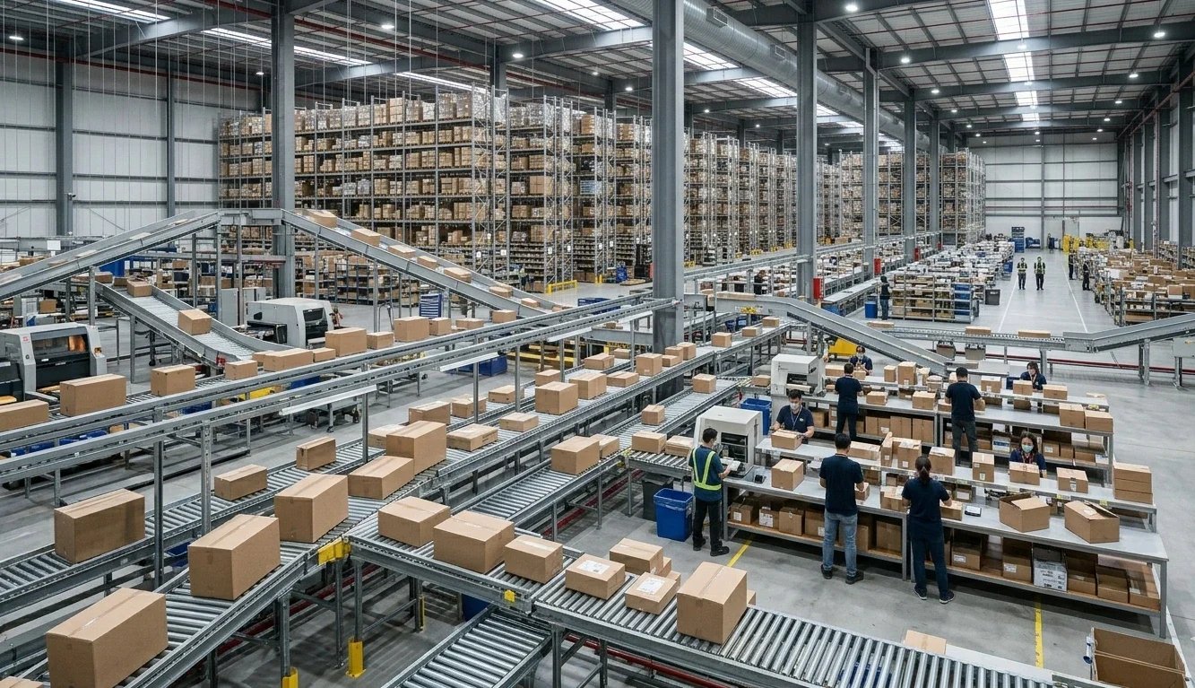 Warehouse conveyor system processing ecommerce parcels during blind shipment fulfillment operation