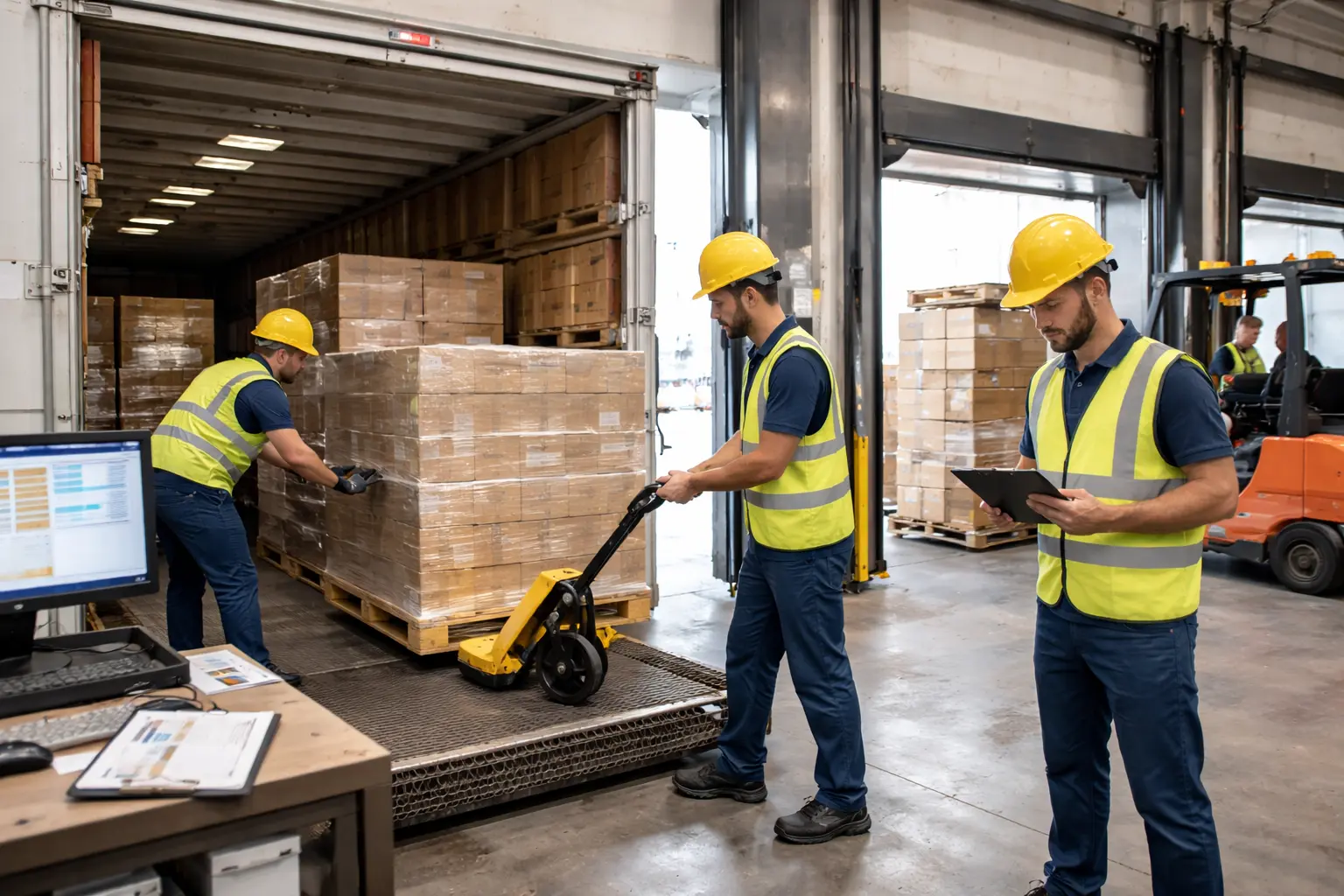 Quality control inspection during warehouse receiving process checking for damaged products and verifying quantities against purchase orders