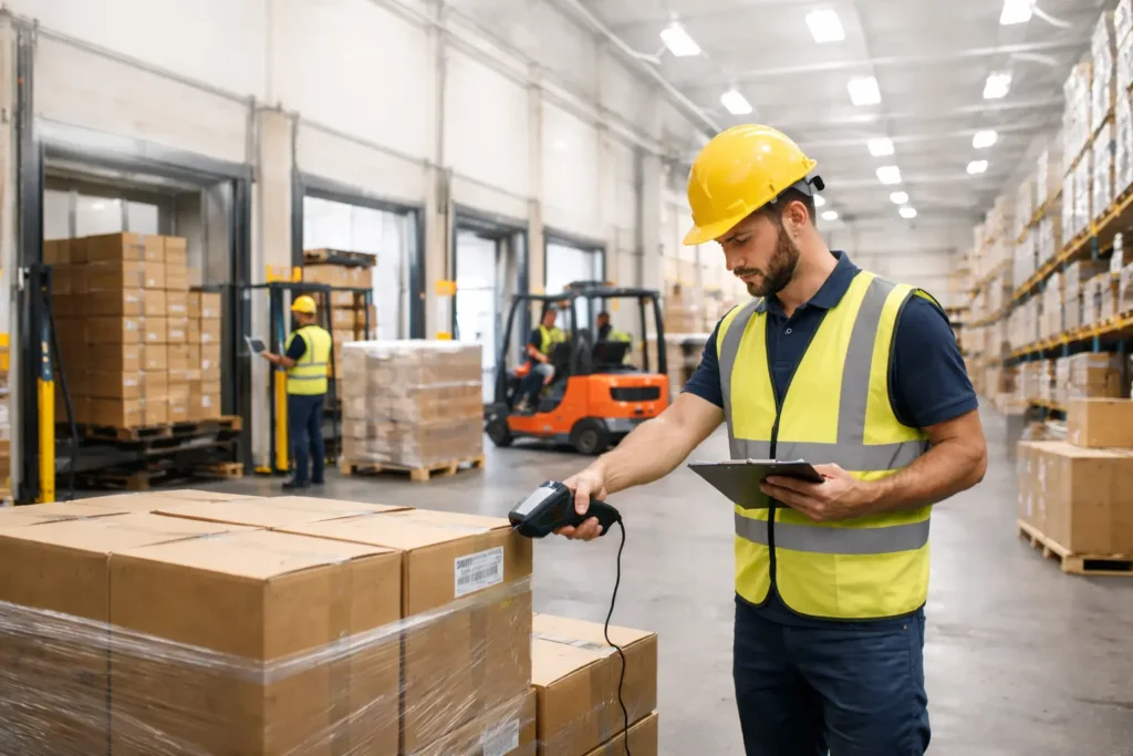 Warehouse receiving process workers unloading shipments at receiving dock with forklifts and pallet jacks for inventory management