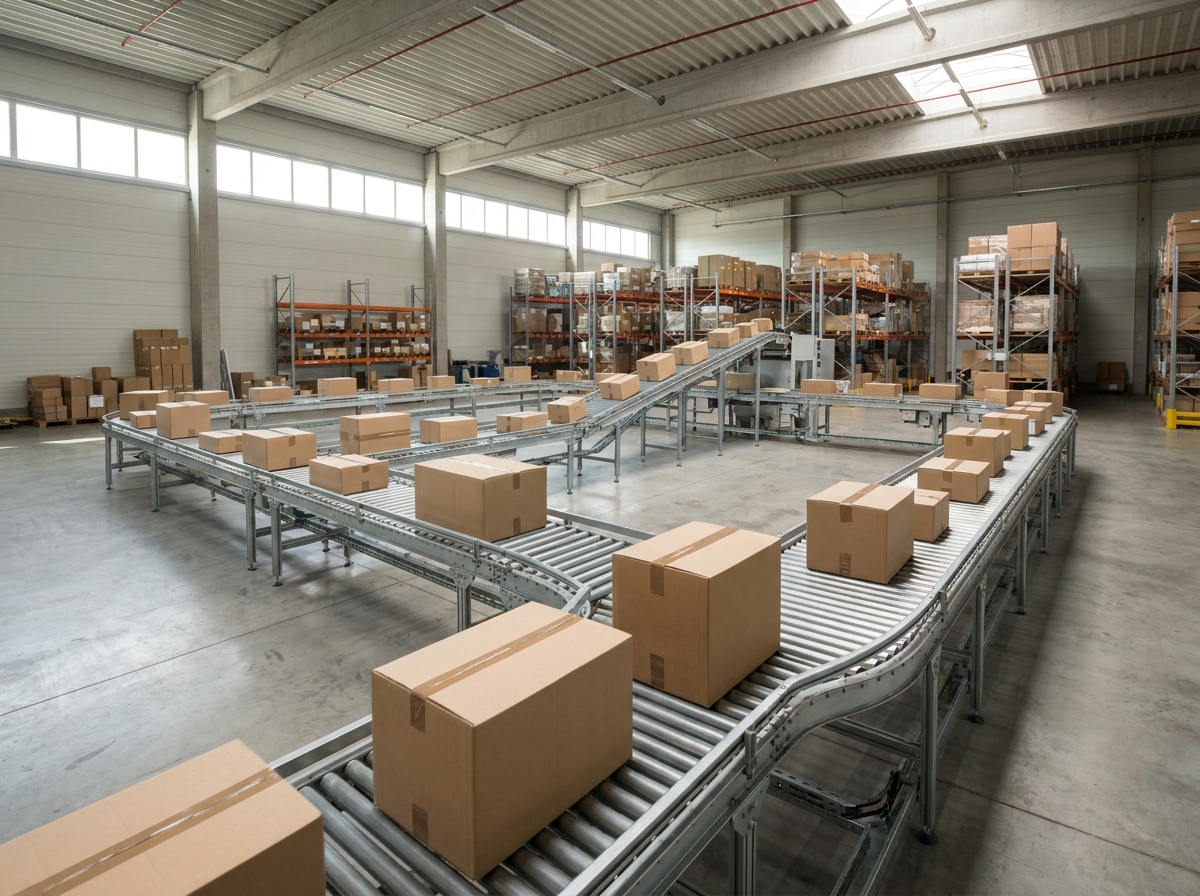Individual customer parcels ready for shipment on a fulfillment center packing line supporting B2C order fulfillment