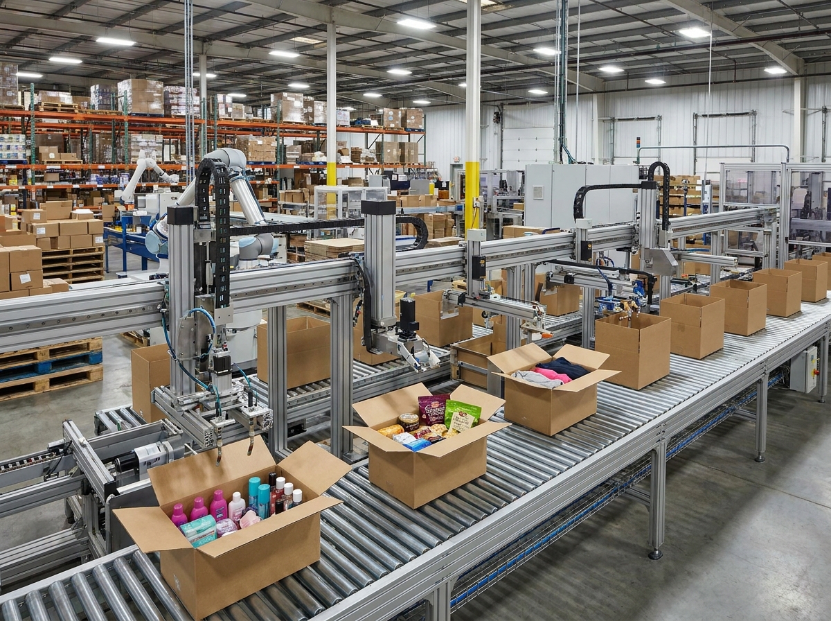 Subscription box kitting assembly line showing bundled products as part of 3PL value-added services