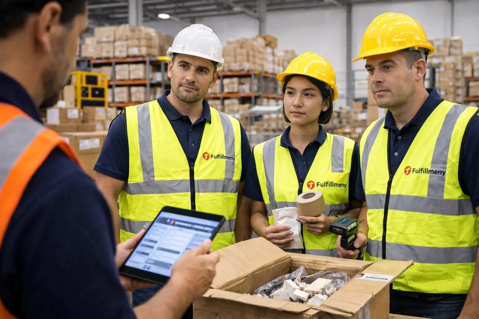 Quality control inspection during warehouse receiving checking product condition verifying quantities and documenting issues with photos