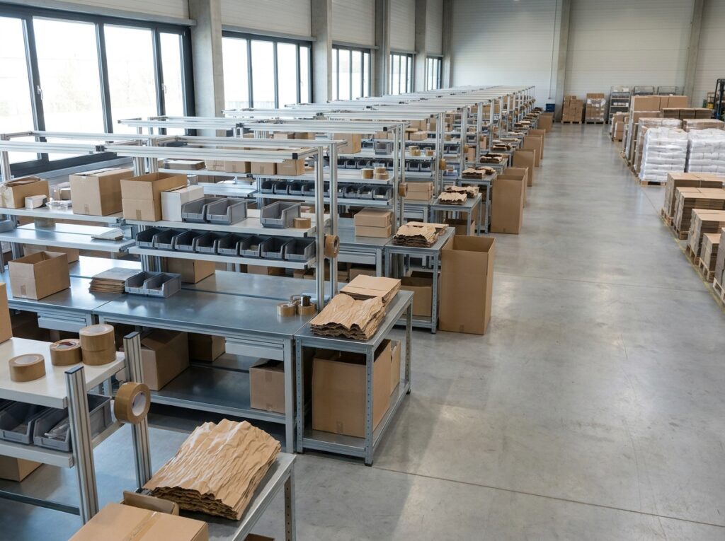 Kitting station in a 3PL warehouse showing organized bins used for 3PL value-added services before international shipping