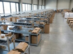 Kitting station in a 3PL warehouse showing organized bins used for 3PL value-added services before international shipping