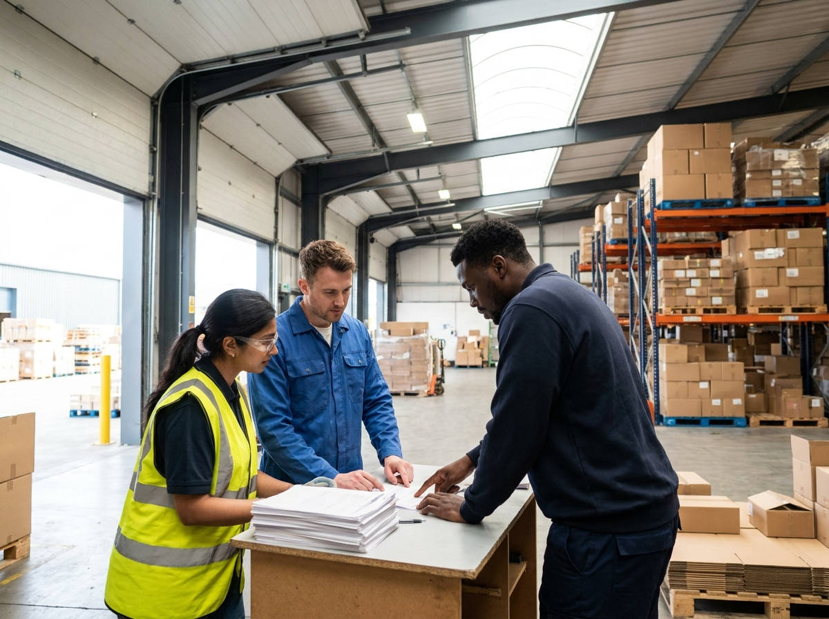 Fulfillment center team reviewing cross-border customs paperwork for international B2C order fulfillment shipments