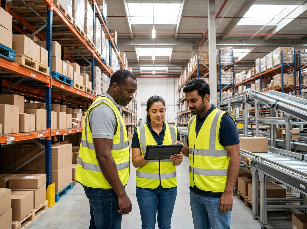 Fulfillment team reviewing origin-side kitting and inspection workflow before international freight ships