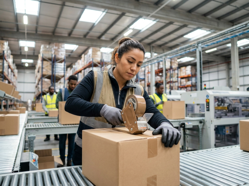 A warehouse staff member packing an individual customer order box as part of the B2C order fulfillment process