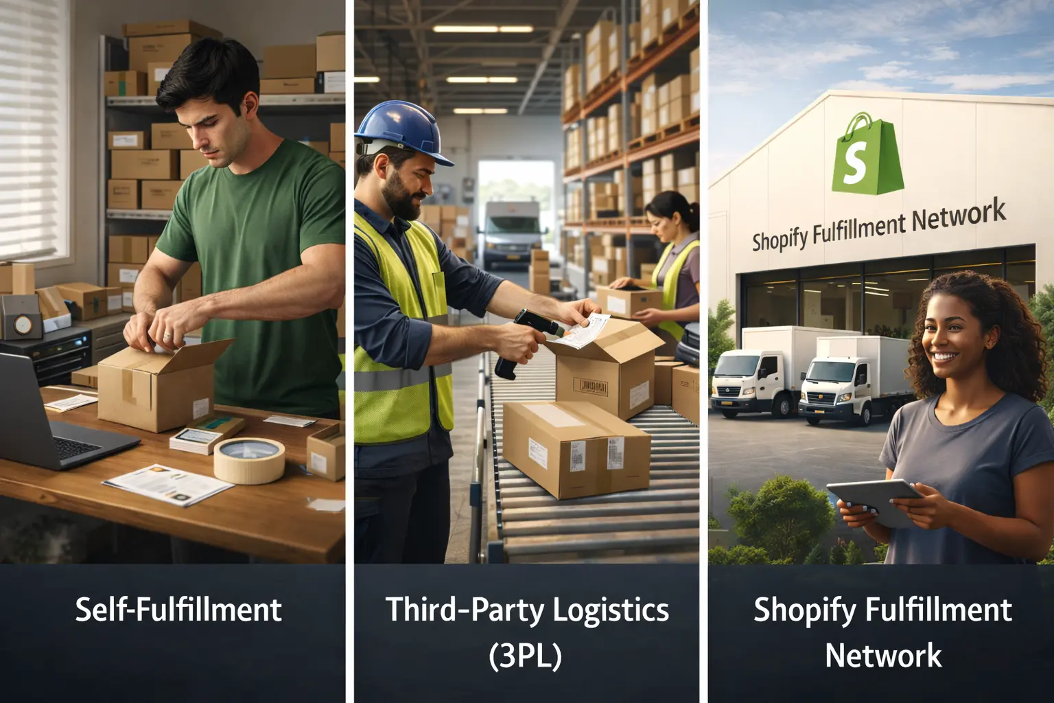 Small business owner packing orders at home for self-fulfillment showing boxes shipping labels and packaging materials for Shopify store