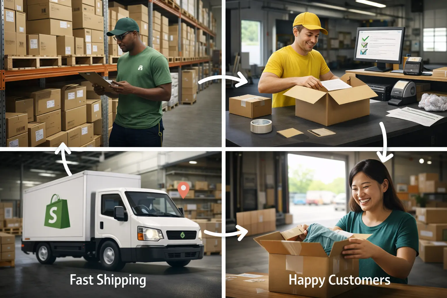 Shopify fulfillment process showing order processing workflow from customer purchase to delivery with warehouse packing and shipping steps