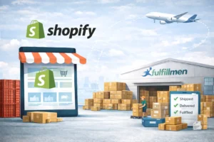 Shopify fulfillment process showing order processing workflow from customer purchase to delivery with warehouse packing