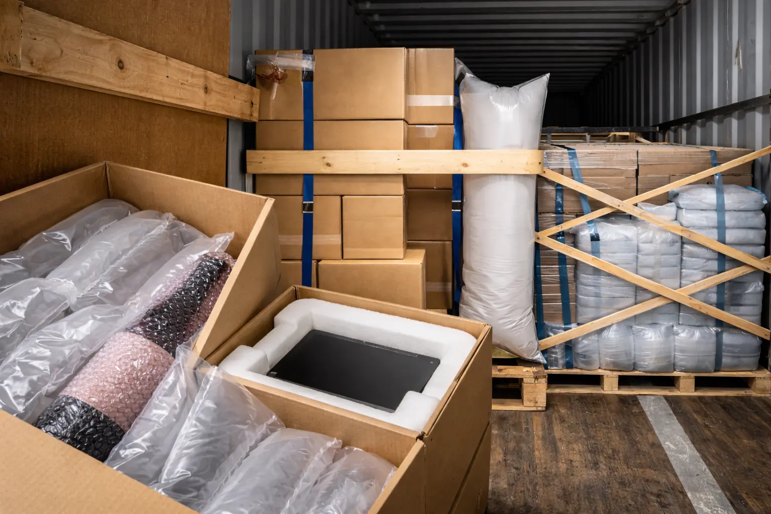 Various dunnage materials protecting fragile products in e-commerce shipping box with bubble wrap and air pillows