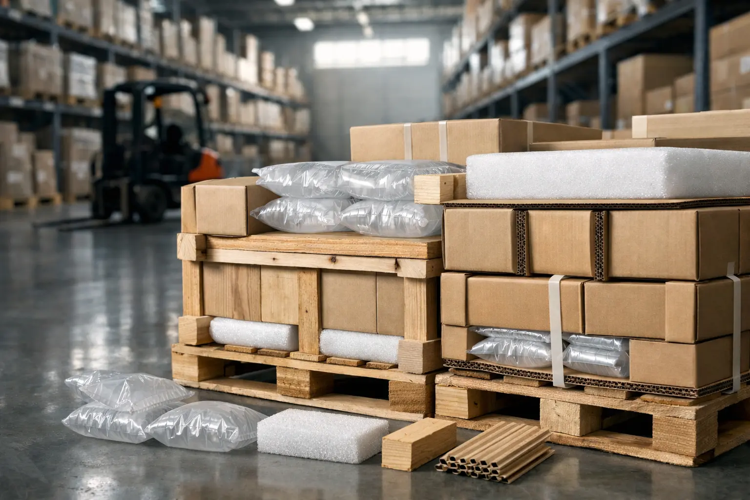 Different types of dunnage materials including bubble wrap foam kraft paper and wood blocks for cargo protection
