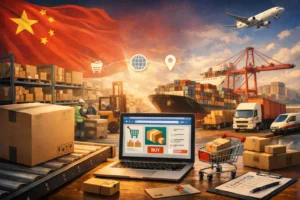 China fulfillment center warehouse in Shenzhen with organized inventory shelves