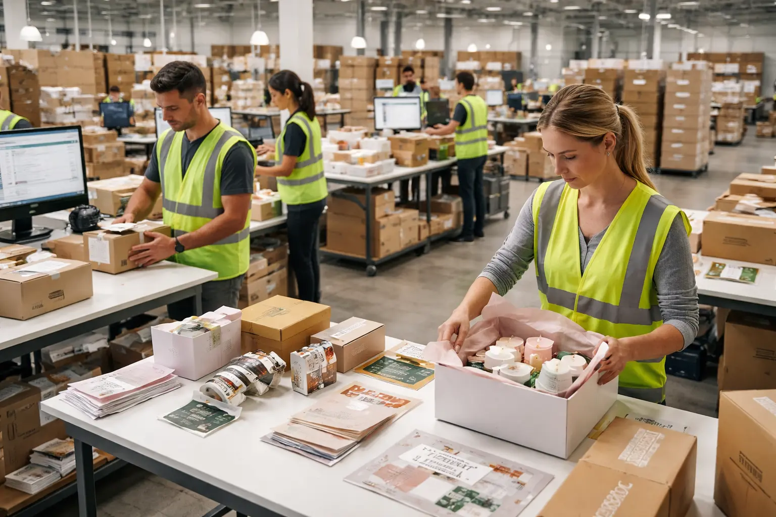 FBA prep services station showing FNSKU labeling poly bagging and Amazon shipment preparation for marketplace sellers