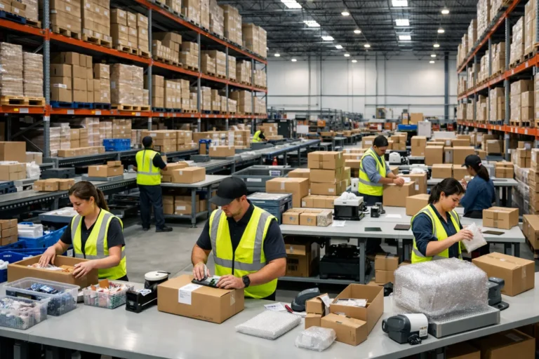Value-added services fulfillment warehouse showing kitting assembly custom packaging and quality control operations for eCommerce brands