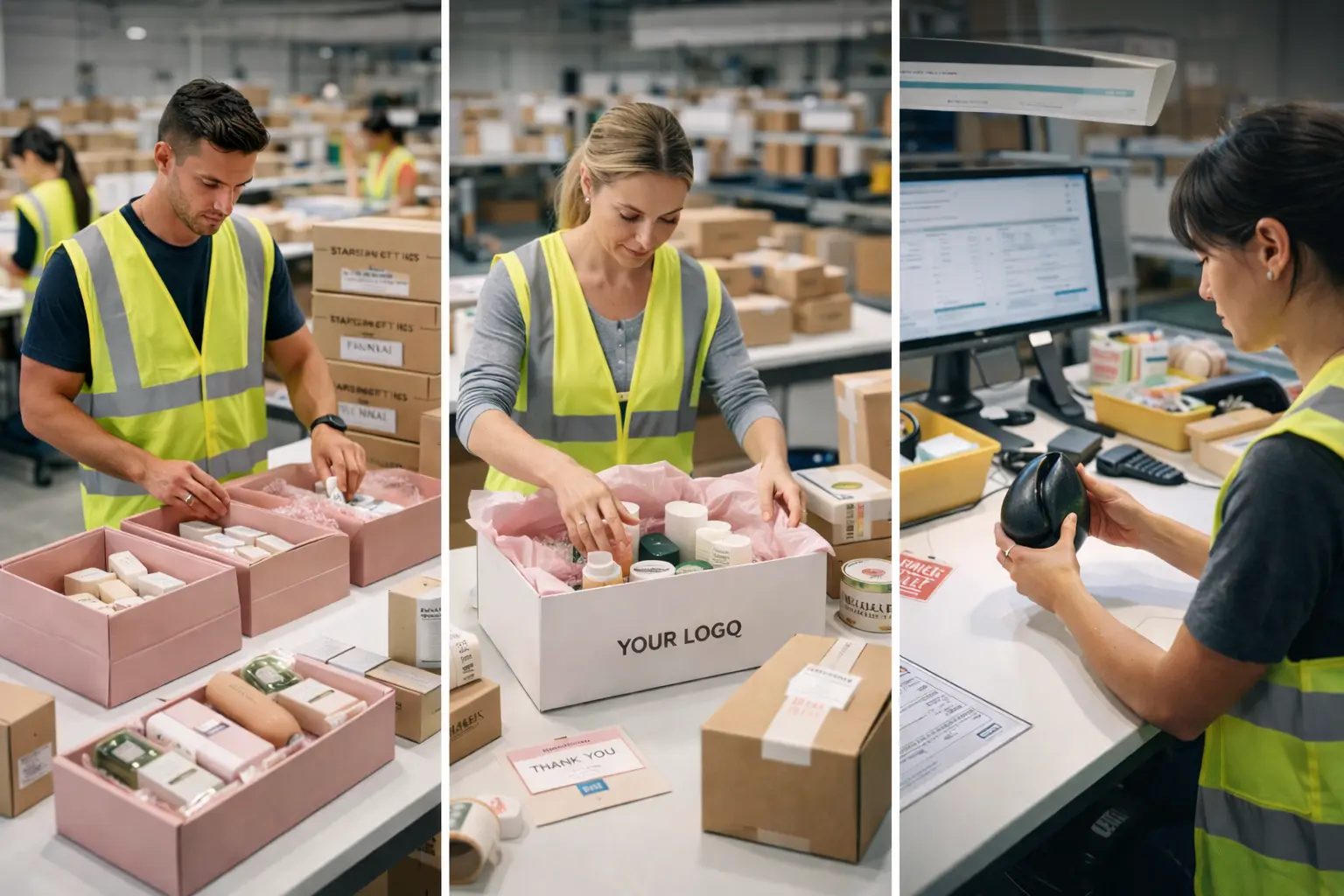 Custom packaging and branded boxes with company logos creating memorable unboxing experiences for eCommerce customers