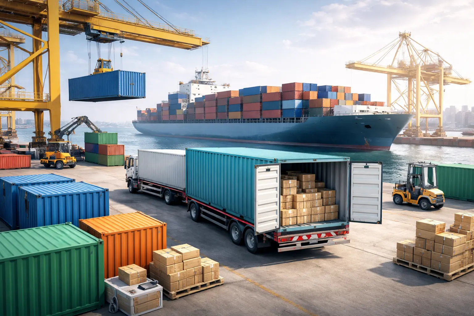 sea freight containers stacked at Chinese port for FCL LCL shipping to USA