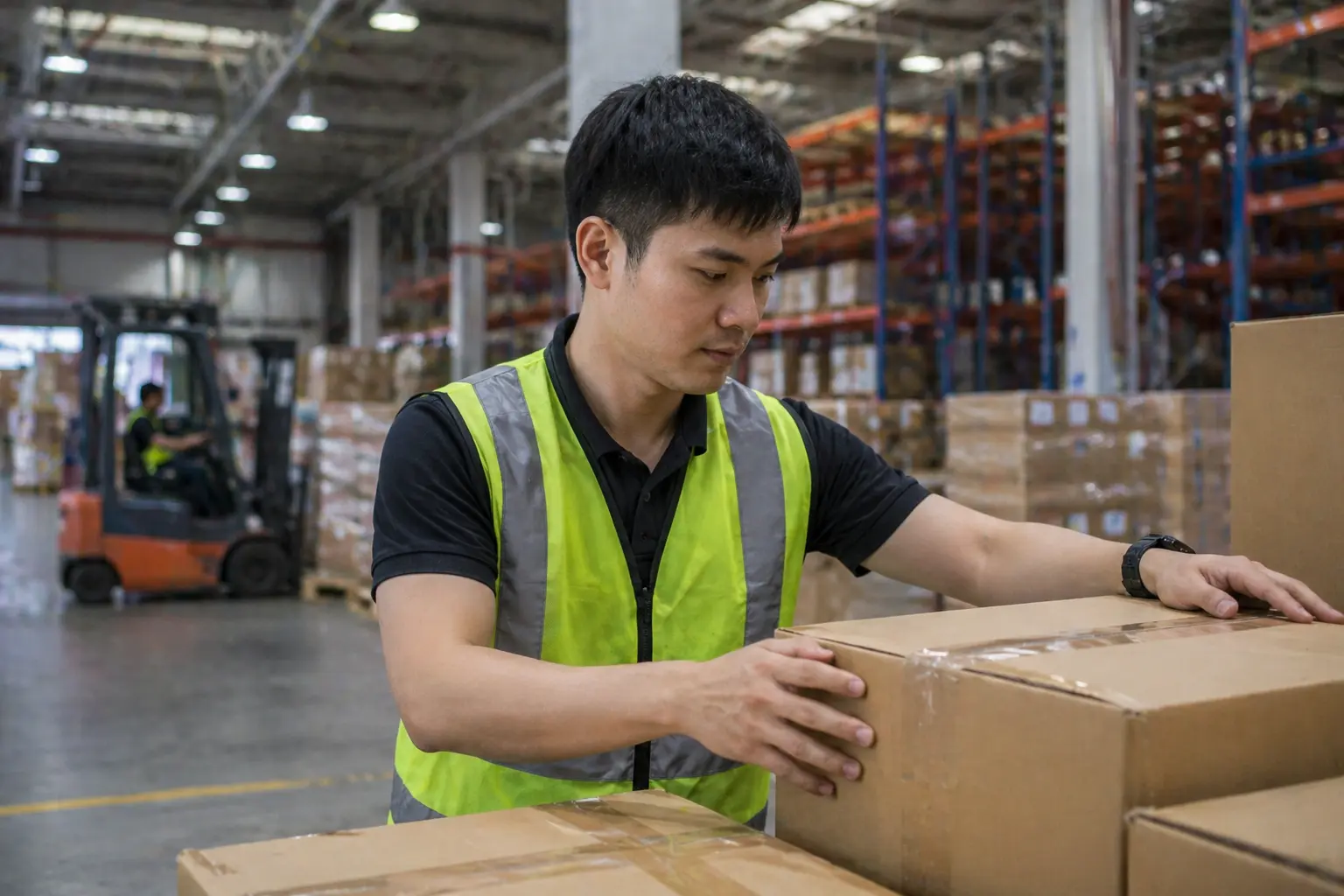 warehouse worker organising consolidated cargo at a Container Freight Station before ocean shipping