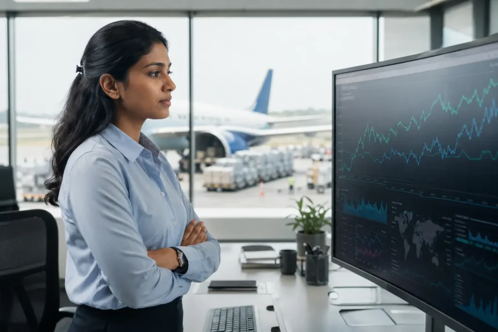 Air freight price fluctuation logistics manager reviewing changing air cargo rate data on a dashboard in a modern freight office