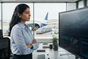 Air freight price fluctuation logistics manager reviewing changing air cargo rate data on a dashboard in a modern freight office