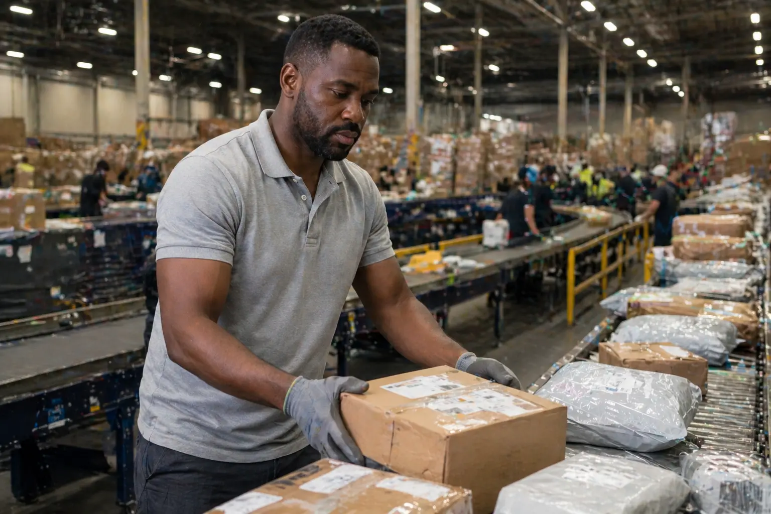 Air freight demand seasonality warehouse worker at a peak season air cargo sorting facility with high volume parcel operations