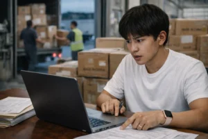 Young importer checking CBP customs status alert on laptop as China cargo shipment arrives at US warehouse dock