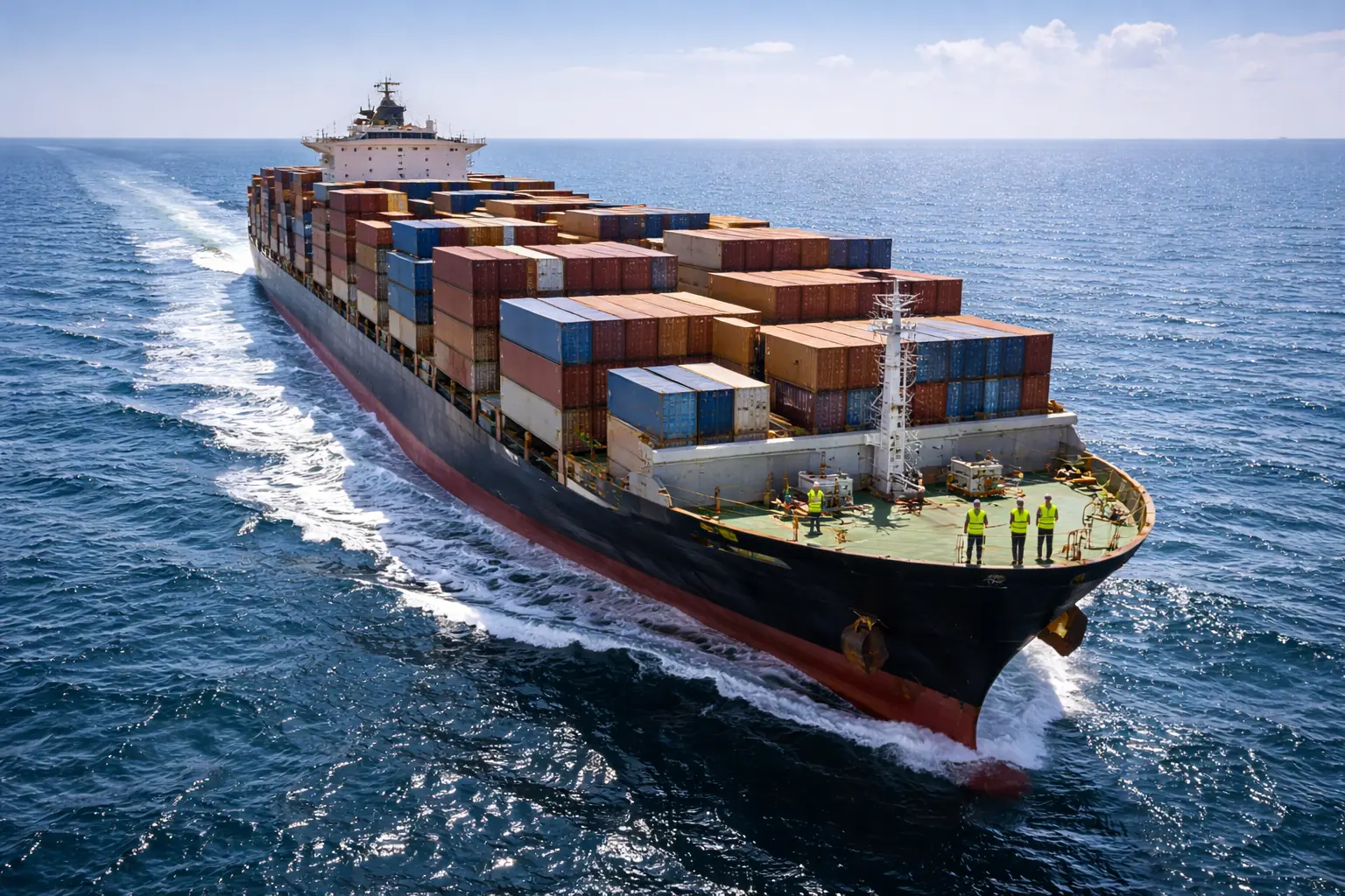 sea freight transit time showing container ship departing Chinese port for USA West Coast delivery