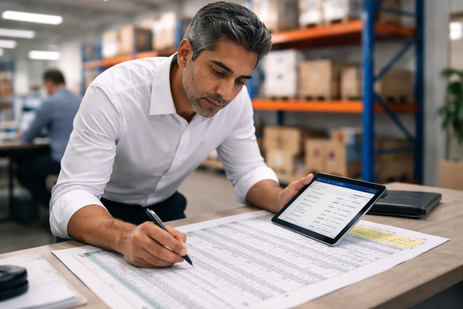 Logistics manager cross-referencing Shopify SKU mapping against 3PL warehouse system before fulfillment integration