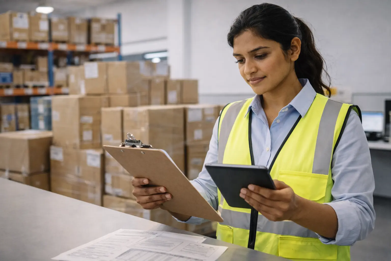 Importer reviewing US customs clearance process documents at a freight forwarding office with global shipping map