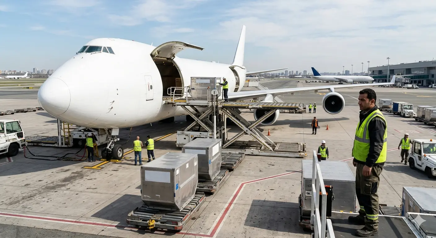 Fuel surcharge air freight — cargo aircraft being loaded at an international airport showing air freight operations at scale
