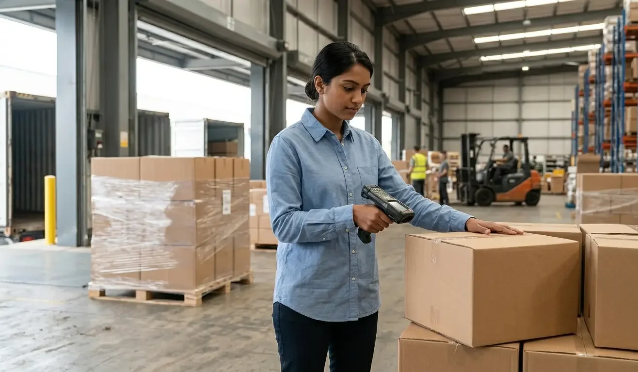 China warehouse inbound receiving — quality control inspection of incoming inventory at a 3PL fulfillment center dock