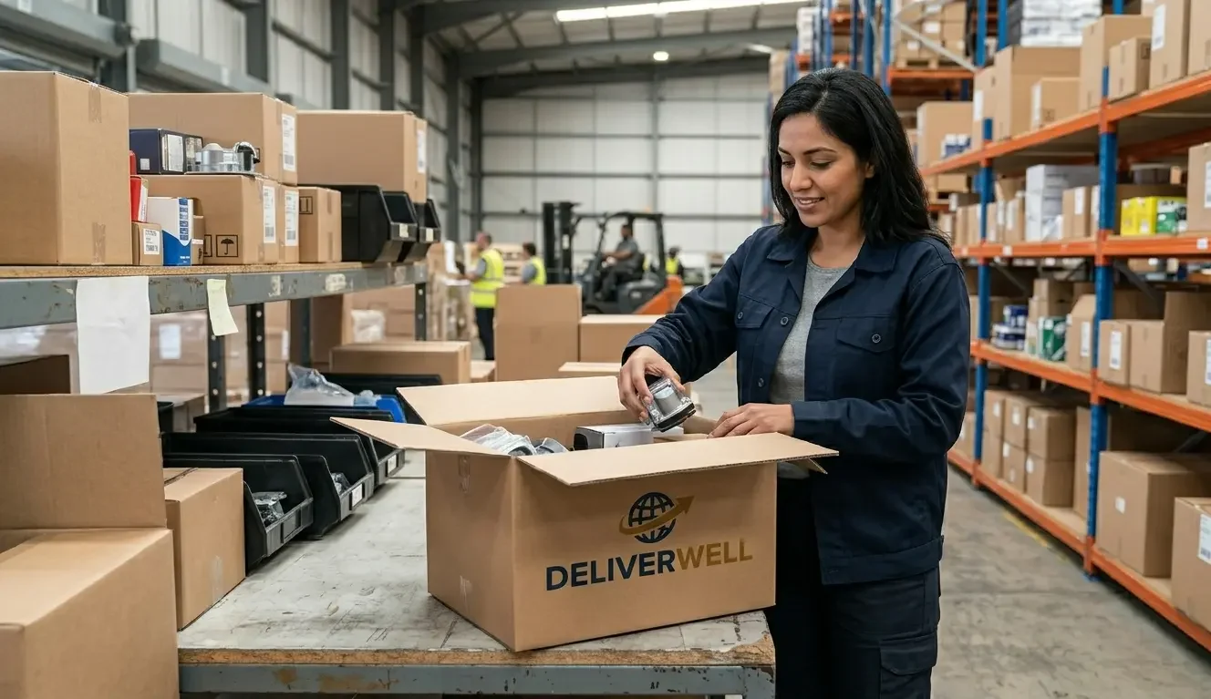 worker packing customer order at fulfillment station ready for dispatch