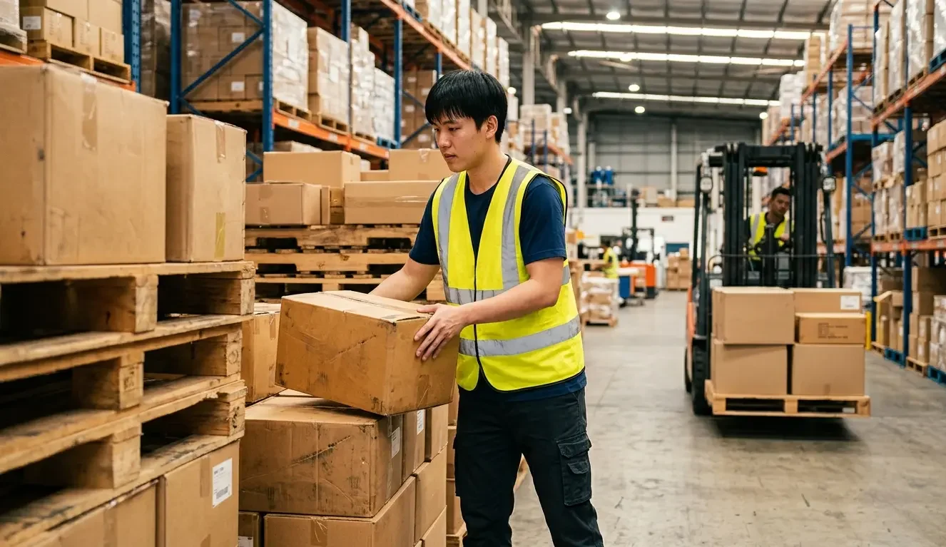 LCL sea freight process warehouse worker organising consolidated cargo at a Container Freight Station before ocean shipping