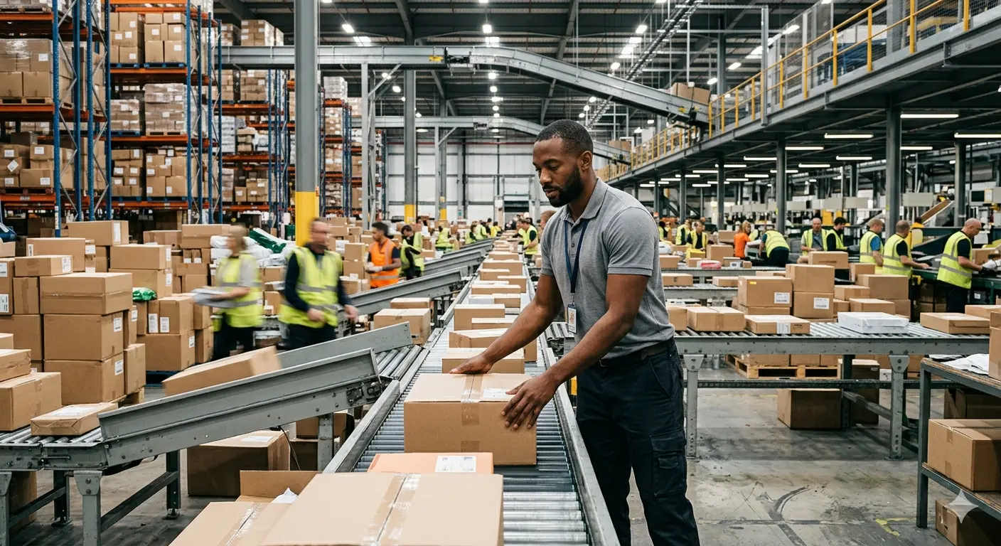 warehouse worker at a peak season air cargo sorting facility with high volume parcel operations
