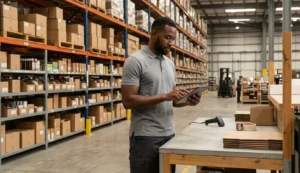 China warehouse workflow — fulfillment center worker reviewing order data at a packing station in a 3PL warehous