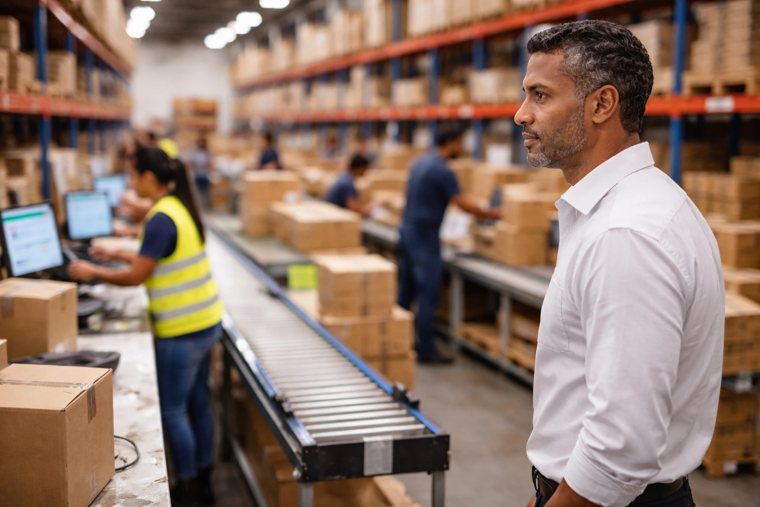 3PL fulfillment center manager overseeing automated pick pack dispatch operation for China dropshipping logistics