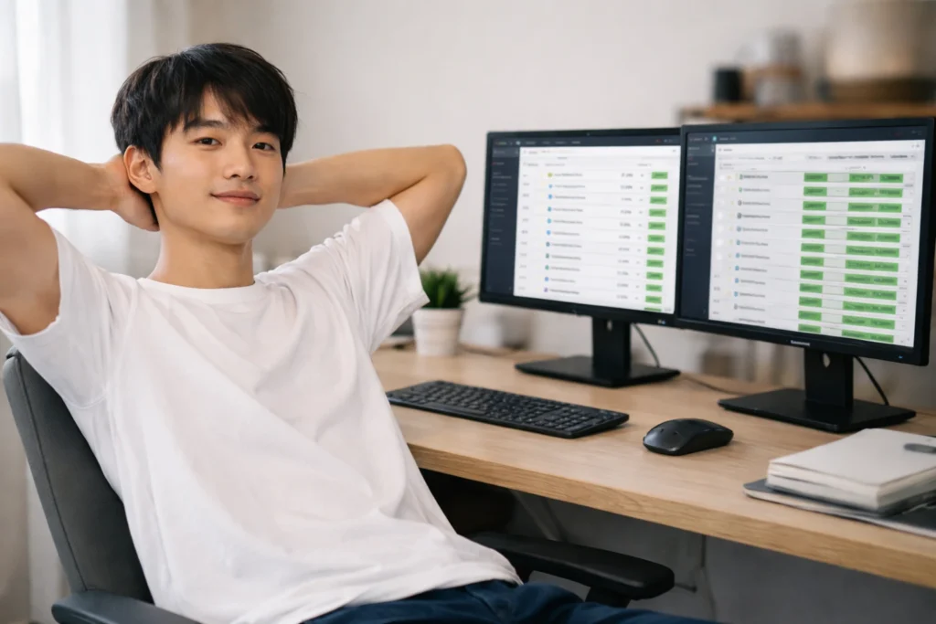 Dropshipping seller watching automated order fulfillment process in real time on dual monitor store dashboard