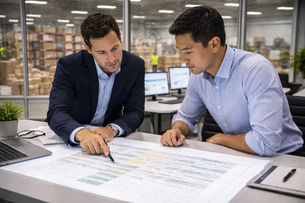 DDP vs DDU difference explained as ecommerce seller reviews international shipping terms at logistics office with active warehouse visible behind