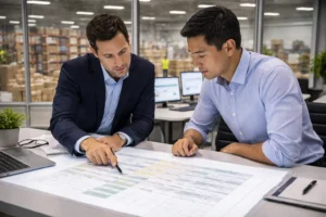 DDP vs DDU difference explained as ecommerce seller reviews international shipping terms at logistics office with active warehouse visible behind