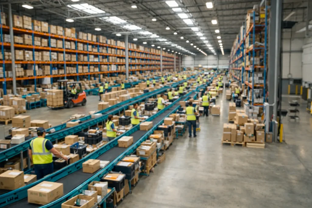 what is a fulfillment center showing ecommerce 3PL warehouse with picking packing and shipping operations for online orders