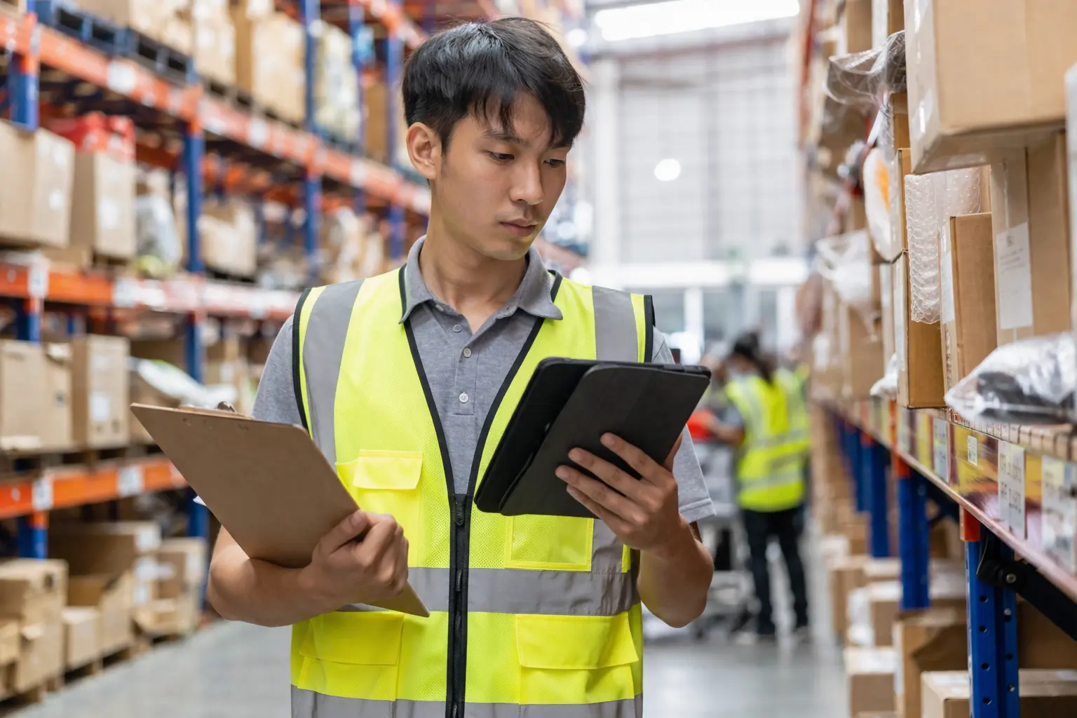 prevent shipping delays China showing fulfillment center worker checking customs documentation to avoid CBP examination holds