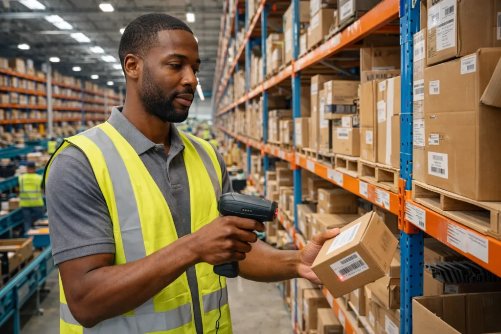 ecommerce fulfillment center picking process showing warehouse worker scanning barcode during order processing for customer