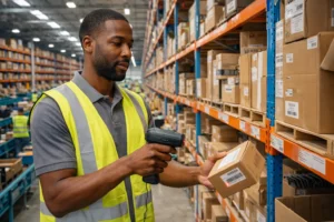 ecommerce fulfillment center picking process showing warehouse worker scanning barcode during order processing for customer