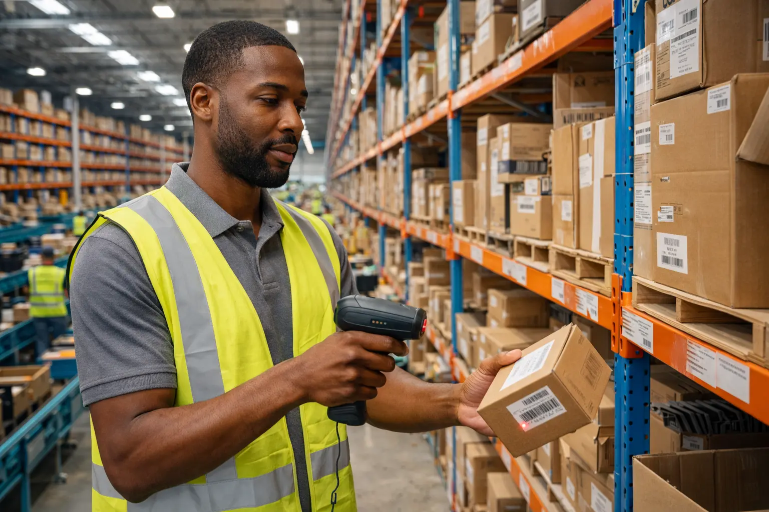 ecommerce fulfillment center picking process showing warehouse worker scanning barcode during order processing for customer