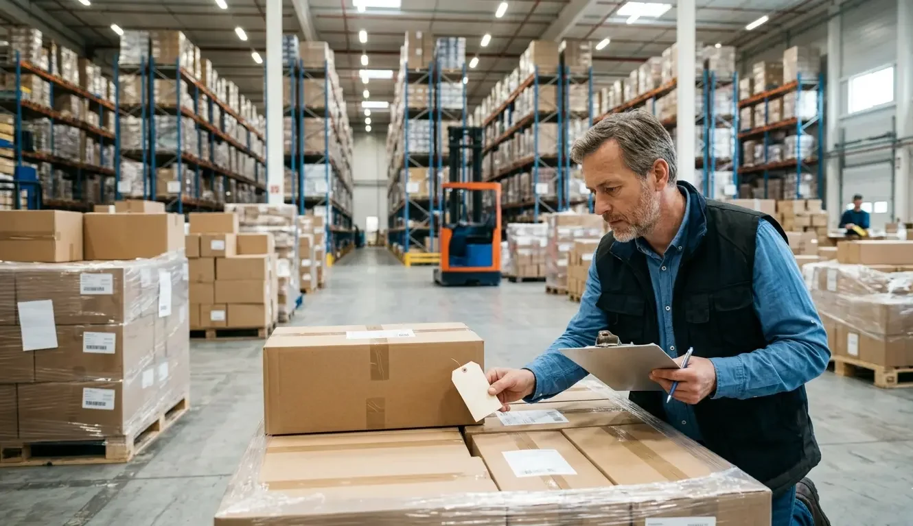 Warehouse manager inspecting inbound DDP shipment pallets from China at US fulfilment centre with organised inventory shelving