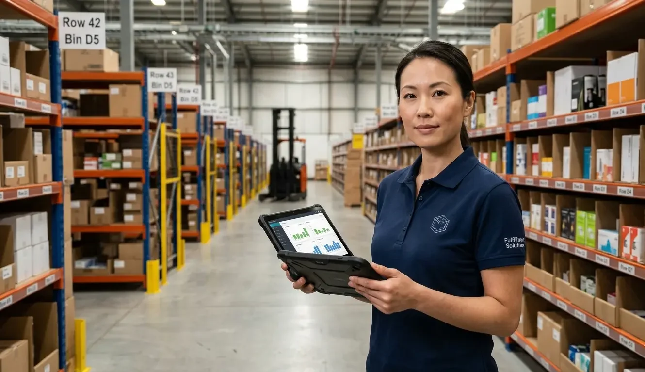 PL warehouse manager reviewing owned inventory stock levels on a tablet at a professional fulfilment centre showing the alternative to virtual dropshipping stock
